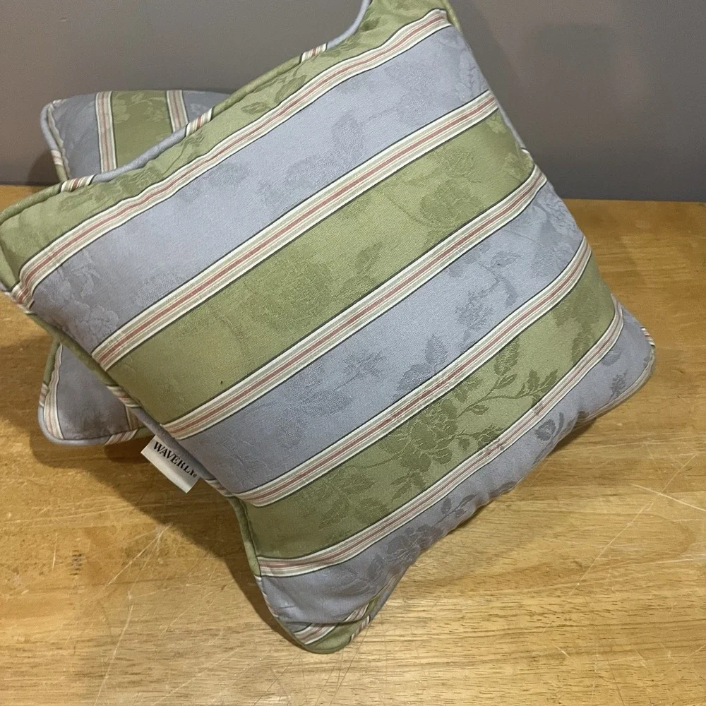 Waverly Floral Blue Green Pink Striped Leaves Decorative Throw Pillows 2- 15x15‎